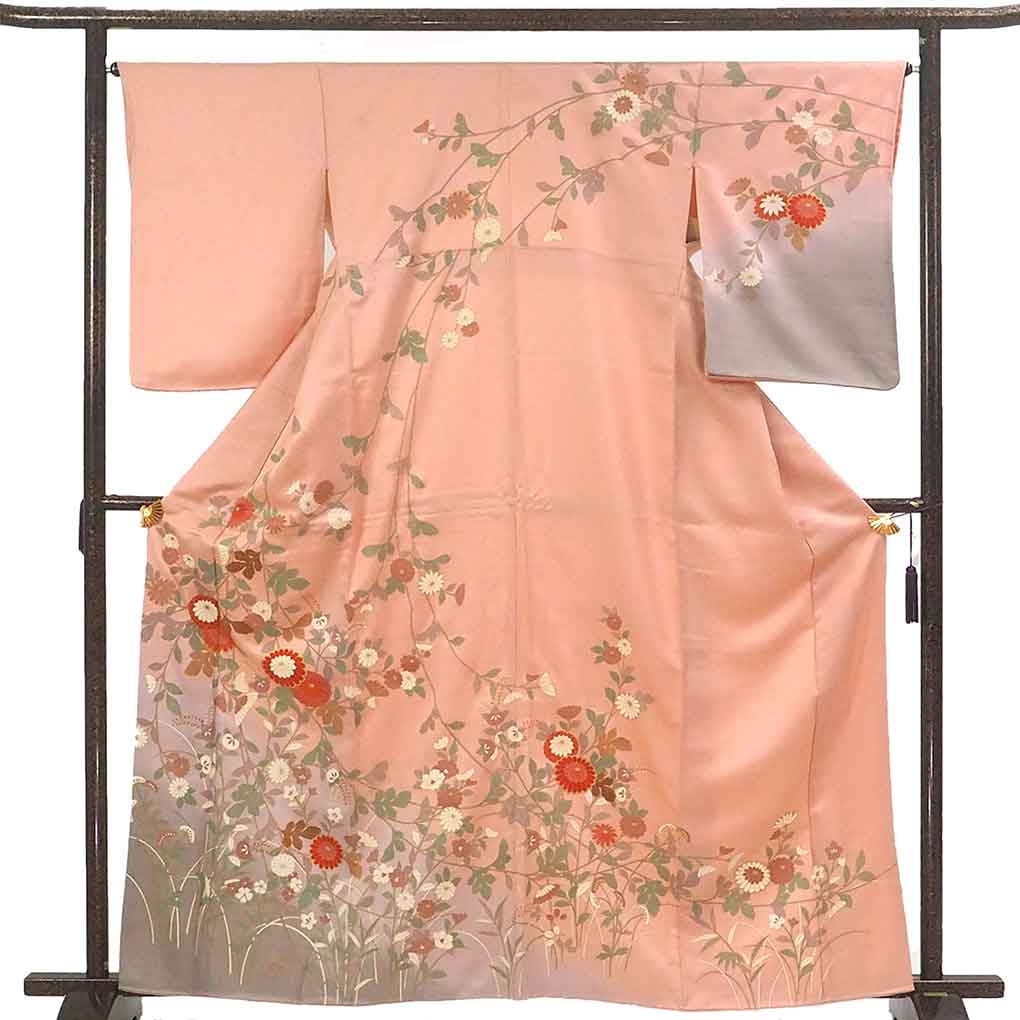 【中古】訪問着 リサイクル着物 身丈163cm 裄丈66cm 前幅24cm 後幅30cm 袖丈56cm 袖幅33cm レディース 袷 花柄 裄長 裄M-Lサイズ 秋冬春用 正絹（シルク）ピンク 美品 リメイク リユース