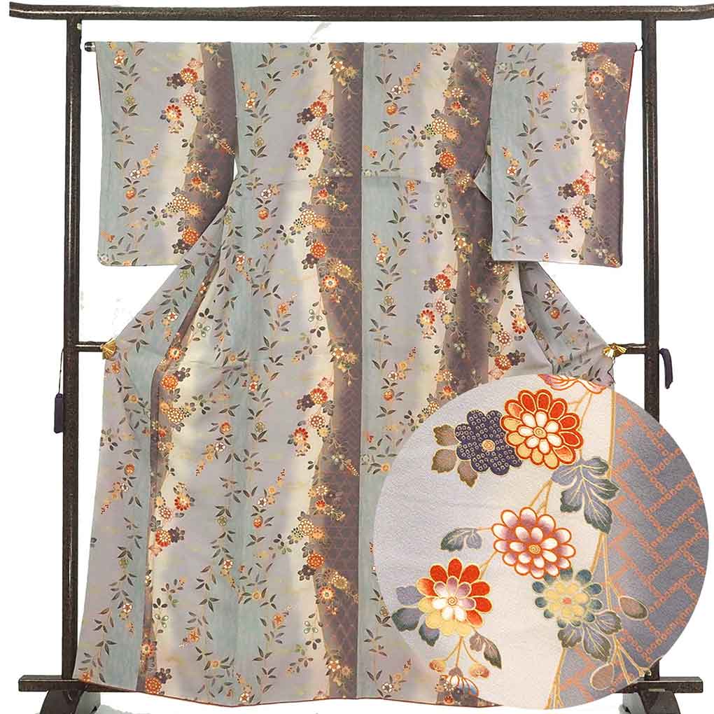 【中古】小紋 リサイクル着物 身丈163cm 裄丈65cm 前幅24cm 後幅30cm 袖丈56cm 袖幅32.5cm レディース 袷 花柄 裄Mサイズ 秋冬春用 正絹(シルク)グレー 未使用品 リメイク リユース