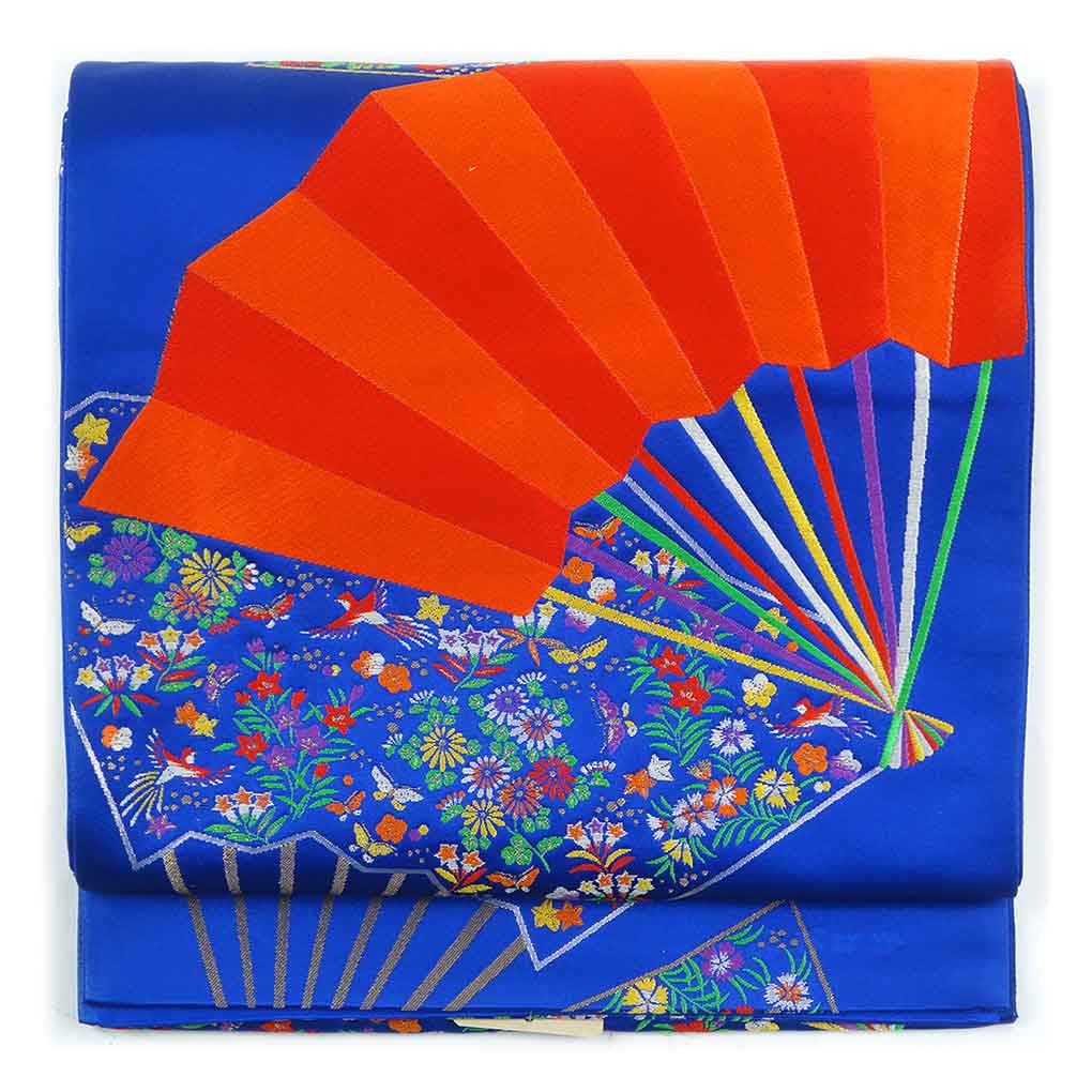 【中古】袋帯 リサイクル帯 幅31cm 長さ430cm レディース 扇面 秋冬春用 正絹（シルク）ネイビー 美品 リメイク リユース