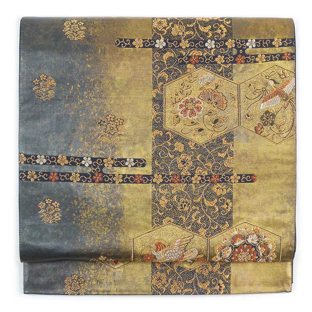 【中古】袋帯 リサイクル帯 幅30cm 長さ425cm レディース 亀甲 秋冬春用 正絹（シルク）ゴールド 未使用品 リメイク リユース