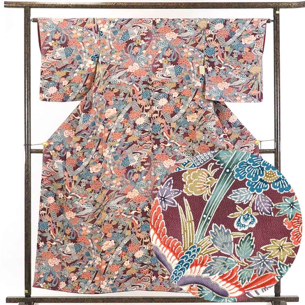 【中古】小紋 リサイクル着物 身丈157cm 裄64cm 前幅23.5cm 後幅29cm 袖丈48cm 正絹（シルク） レディース 袷仕立 秋冬春用 茶色 裄Mサイズ 美品 リユース