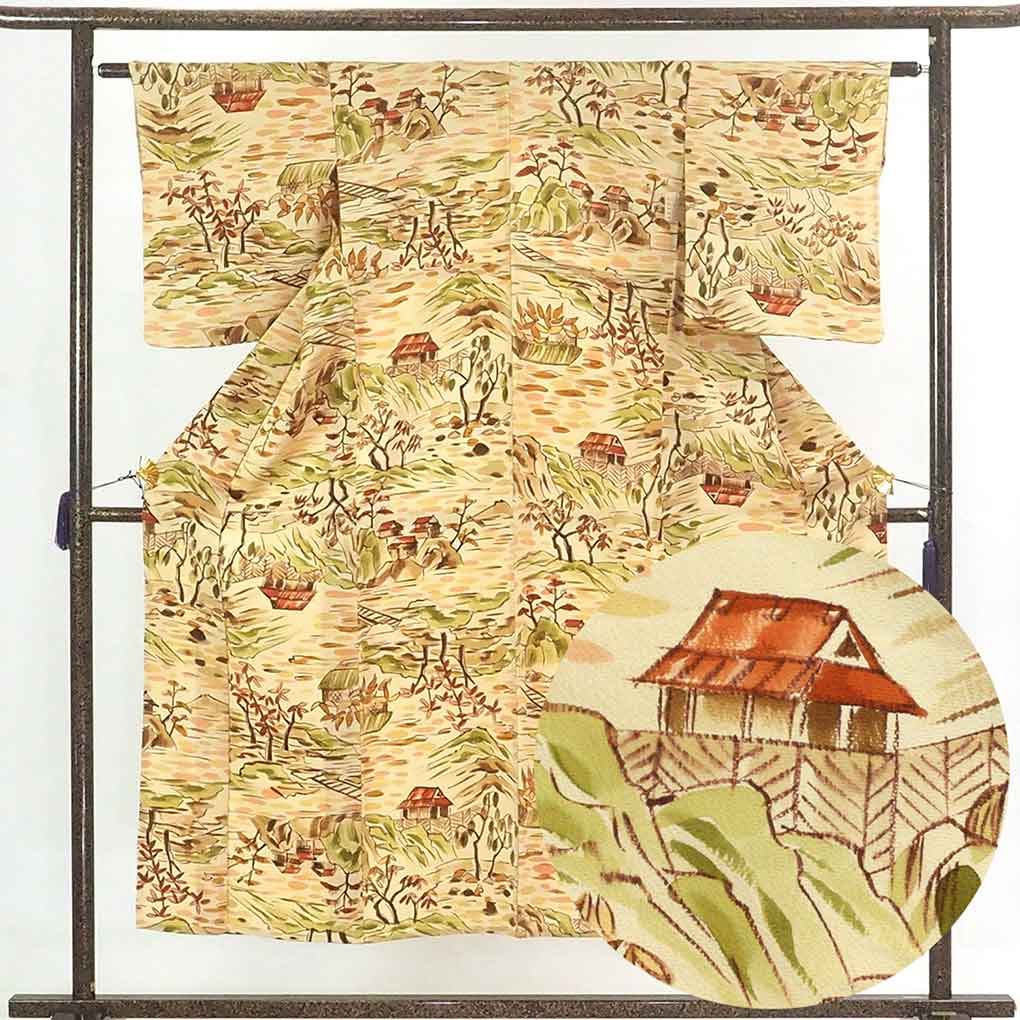 【中古】小紋 リサイクル着物 身丈151cm 裄62cm 前幅23cm 後幅29cm 袖丈49cm 正絹（シルク） レディース 単衣 初夏・初秋用 黄色地 裄Sサイズ 美品 リユース