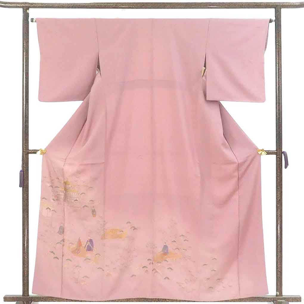 【中古】訪問着 リサイクル着物 身丈160cm 裄64cm 前幅23cm 後幅29.5cm 袖丈49cm 袖幅32cm レディース 袷 金閣寺 裄Mサイズ 秋冬春用 正絹（シルク）ピンク 美品 リメイク リユース 11,242円