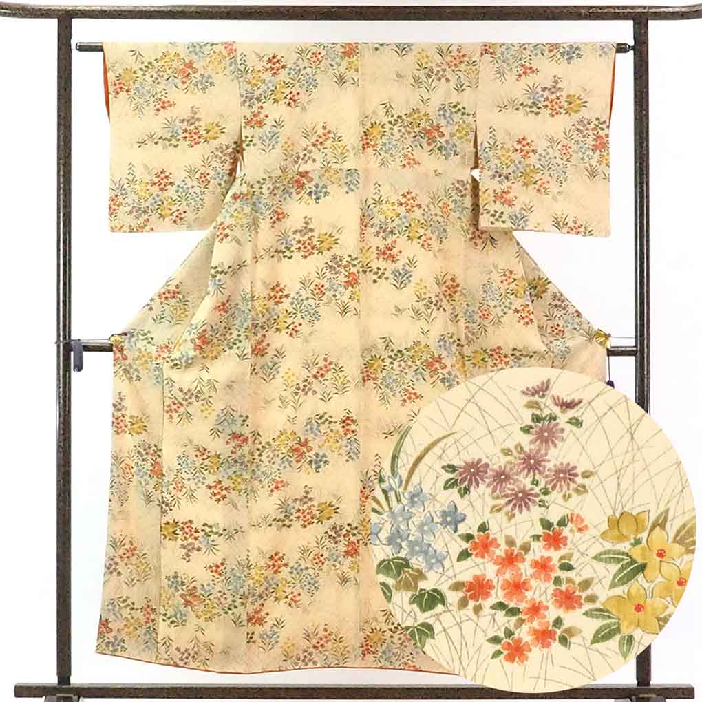 【中古】小紋 リサイクル着物 身丈157cm 裄62cm 前幅22.5cm 後幅28cm 袖丈48cm 正絹（シルク） レディース 袷仕立 秋冬春用 ベージュ地 裄Sサイズ 美品 リユース 5,577円