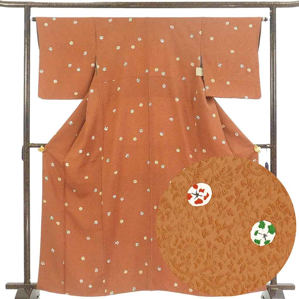 【中古】小紋 リサイクル着物 身丈163cm 裄65cm 前幅24cm 後幅31cm 袖丈49cm 袖幅33cm レディース 袷 花柄 裄Mサイズ 秋冬春用 正絹(シルク)ブラウン 美品 リメイク リユース
