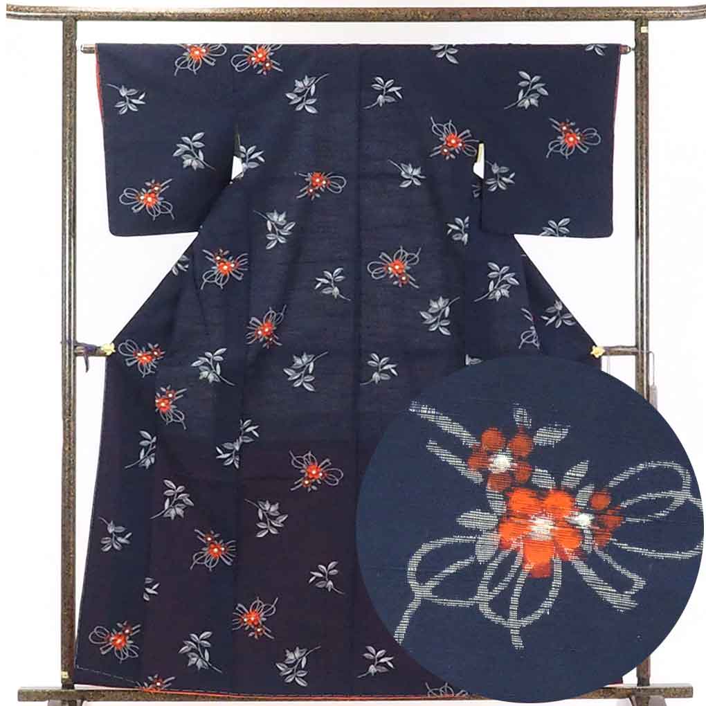 【中古】紬 リサイクル着物 身丈163cm 裄65cm 前幅23cm 後幅29cm 袖丈46cm 正絹（シルク） レディース 袷仕立 秋冬春用 紺地 裄Mサイズ 未使用品 リユース