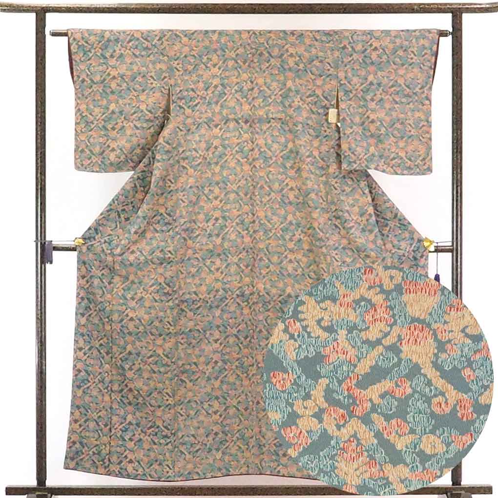 【中古】小紋 リサイクル着物 身丈159cm 裄62cm 前幅23cm 後幅28cm 袖丈51cm 正絹（シルク） レディース 袷仕立 秋冬春用 グレー地 裄Sサイズ 美品 リユース