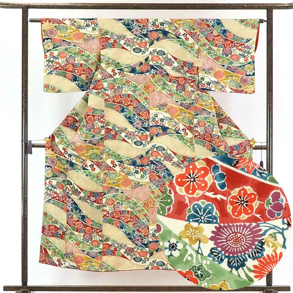 【中古】小紋 リサイクル着物 身丈152cm 裄63cm 前幅22cm 後幅27cm 袖丈45cm 正絹（シルク） レディース 袷仕立 秋冬春用 黄色地 裄Mサイズ 美品 リユース