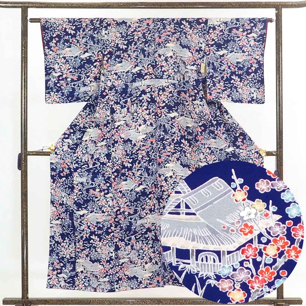 【中古】小紋 リサイクル着物 身丈153cm 裄62cm 前幅22cm 後幅28cm 袖丈48cm 正絹（シルク） レディース 袷仕立 秋冬春用 紺地 裄Sサイズ 未使用品 リユース
