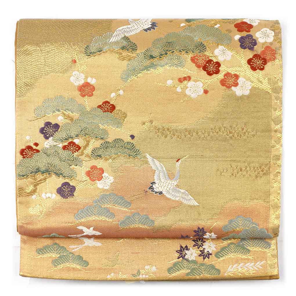 【中古】袋帯 リサイクル帯 幅30cm 長さ428cm レディース 花柄 秋冬春用 正絹（シルク）ゴールド 美品 リメイク リユース