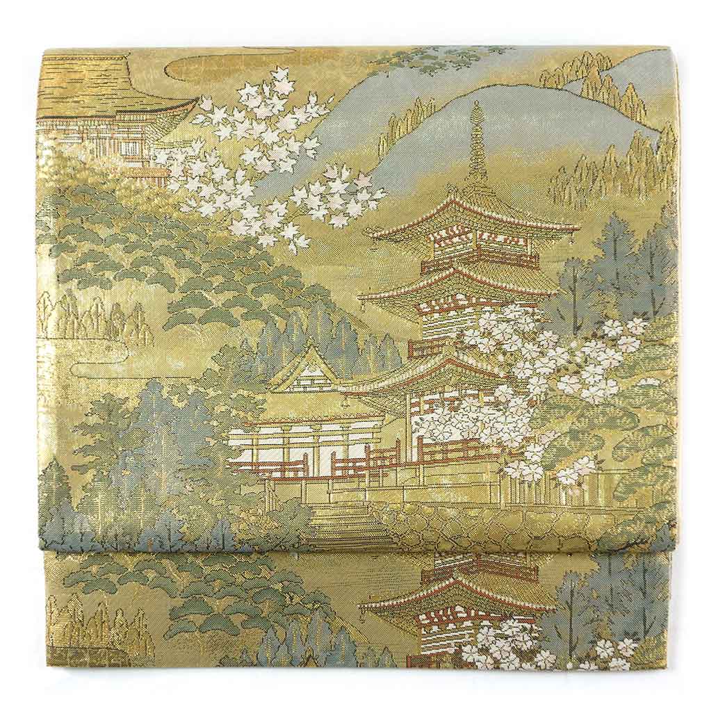 【中古】袋帯 リサイクル帯 幅30.5cm 長さ435cm レディース 風景画 秋冬春用 正絹（シルク）ゴールド 未使用品 リメイク リユース
