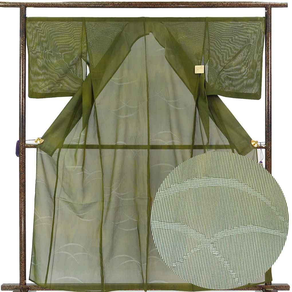 【中古】紋紗着物 リサイクル着物 身丈161cm 裄68cm 前幅32.5cm 後幅34cm 袖丈48cm 袖幅34cm レディース 露芝 裄長 裄Lサイズ 夏用 正絹（シルク）グリーン やや難 リメイク リユース｜リサイクル着物 呉服のきくや