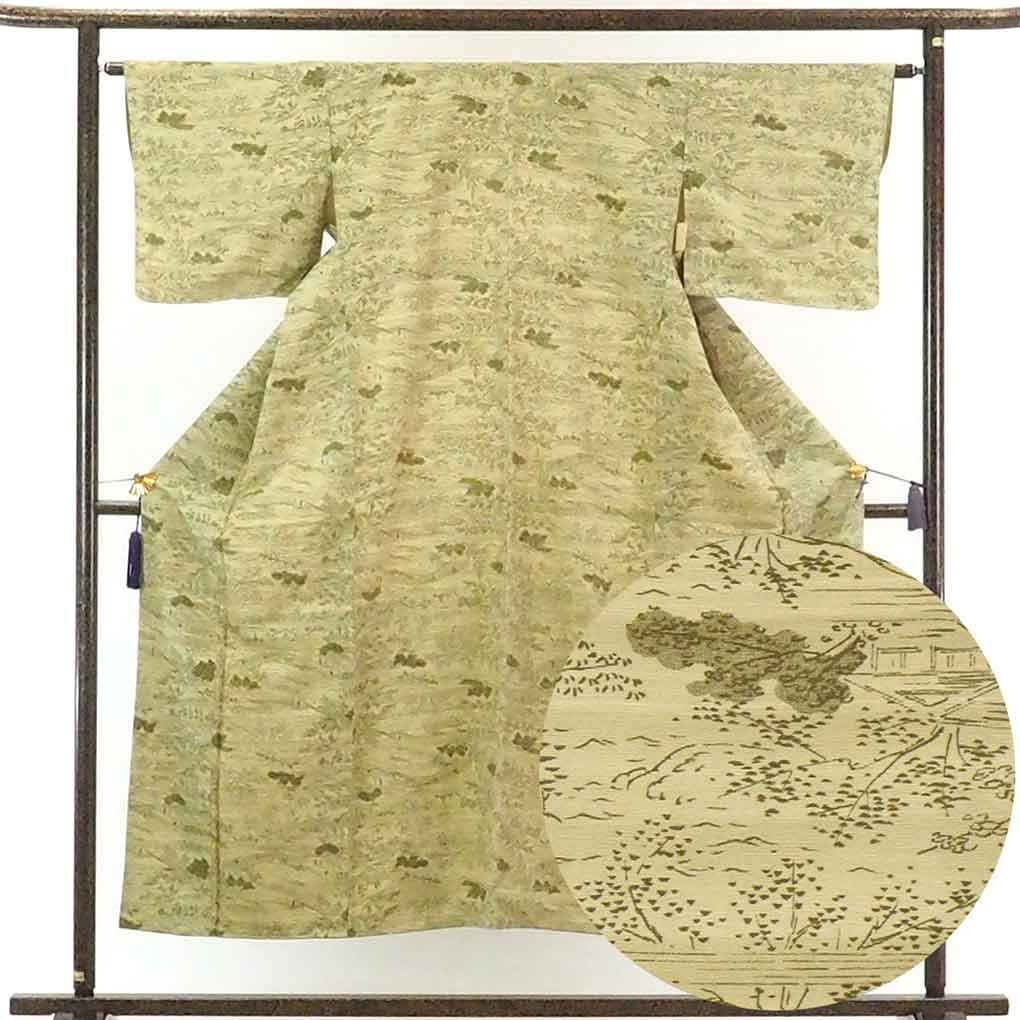 【中古】小紋 リサイクル着物 身丈150cm 裄64cm 前幅23cm 後幅29cm 袖丈43cm 正絹（シルク） レディース 袷仕立 秋冬春用 緑地 裄Mサイズ 未使用品 リユース