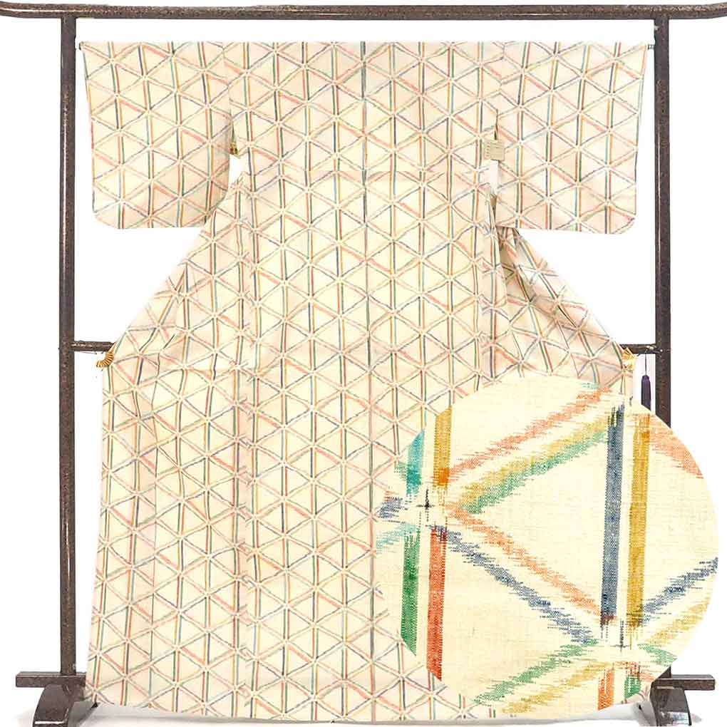 【中古】紬 リサイクル着物 身丈170cm 裄66.5cm 前幅23cm 後幅30.5cm 袖丈49cm 袖幅33cm レディース 単衣 連続模様 裄長 裄M-Lサイズ 初夏・初秋用 正絹（シルク）イエロー トールサイズ 美品 リメイク リユース