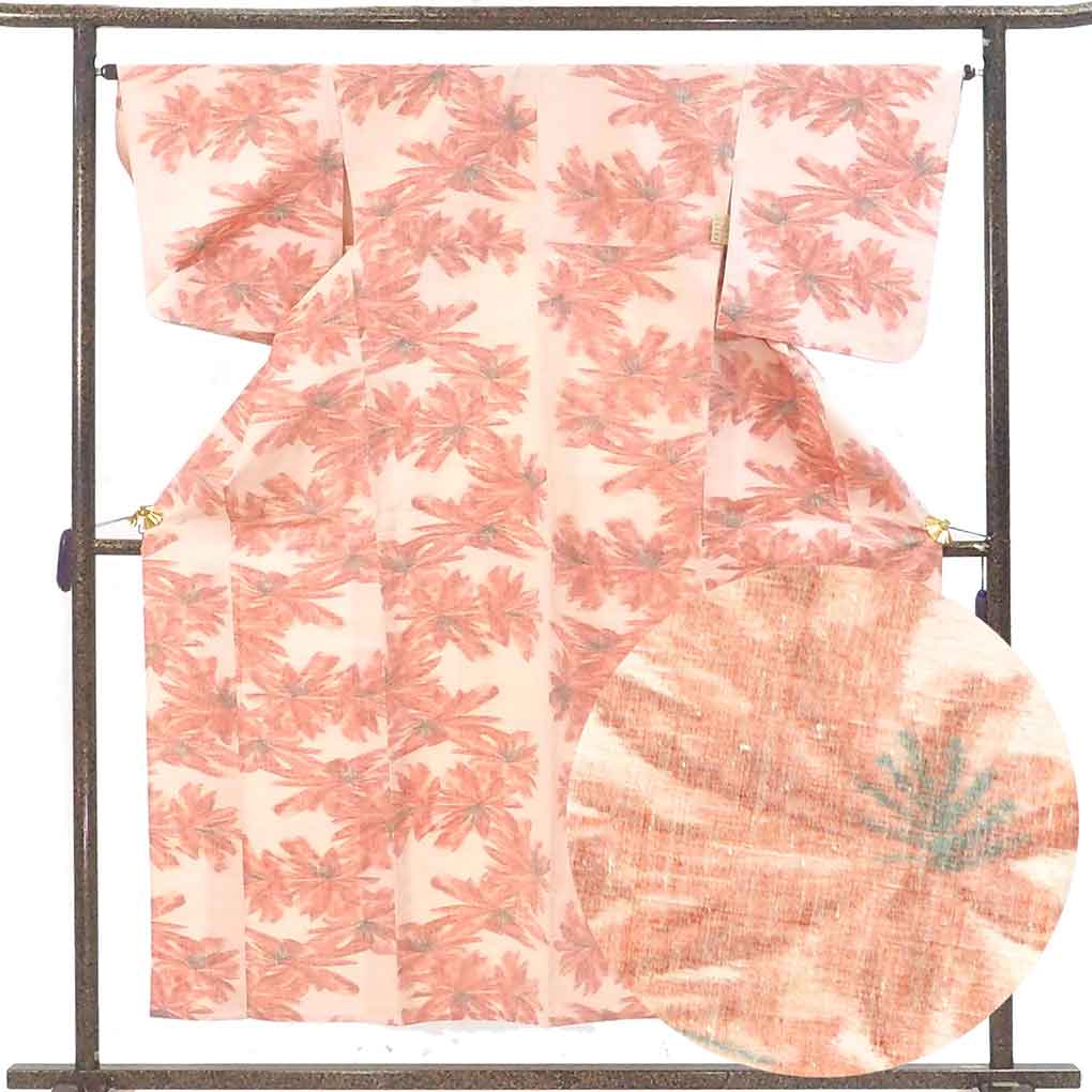 【中古】紬 リサイクル着物 身丈156cm 裄64.4cm 前幅24cm 後幅30cm 袖丈48.5cm 袖幅32cm レディース 単衣 花柄 初夏・初秋用 正絹（シルク）ピンク 美品 リメイク リユース