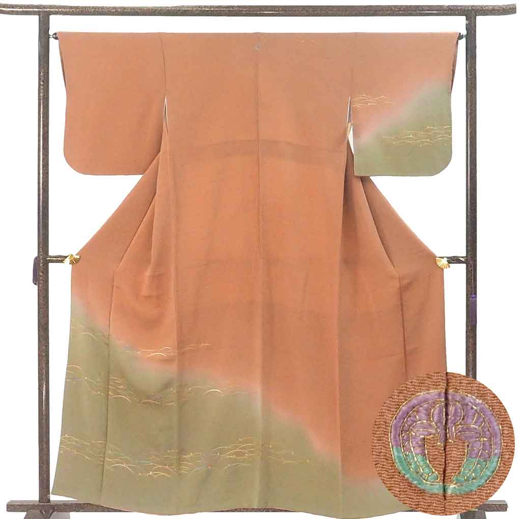 【中古】訪問着 リサイクル着物 身丈161cm 裄65cm 前幅26cm 後幅30.5cm 袖丈48cm 袖幅33cm レディース 袷 露芝 裄Mサイズ 秋冬春用 正絹（シルク）ブラウン 美品 リメイク リユース 10,780円