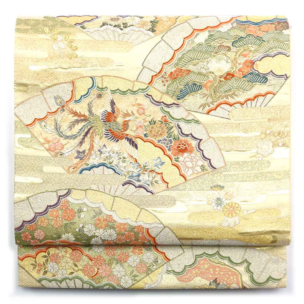 【中古】袋帯 リサイクル帯 幅31cm 長さ432cm レディース 扇面 秋冬春用 正絹（シルク）ゴールド 未使用品 リメイク リユース