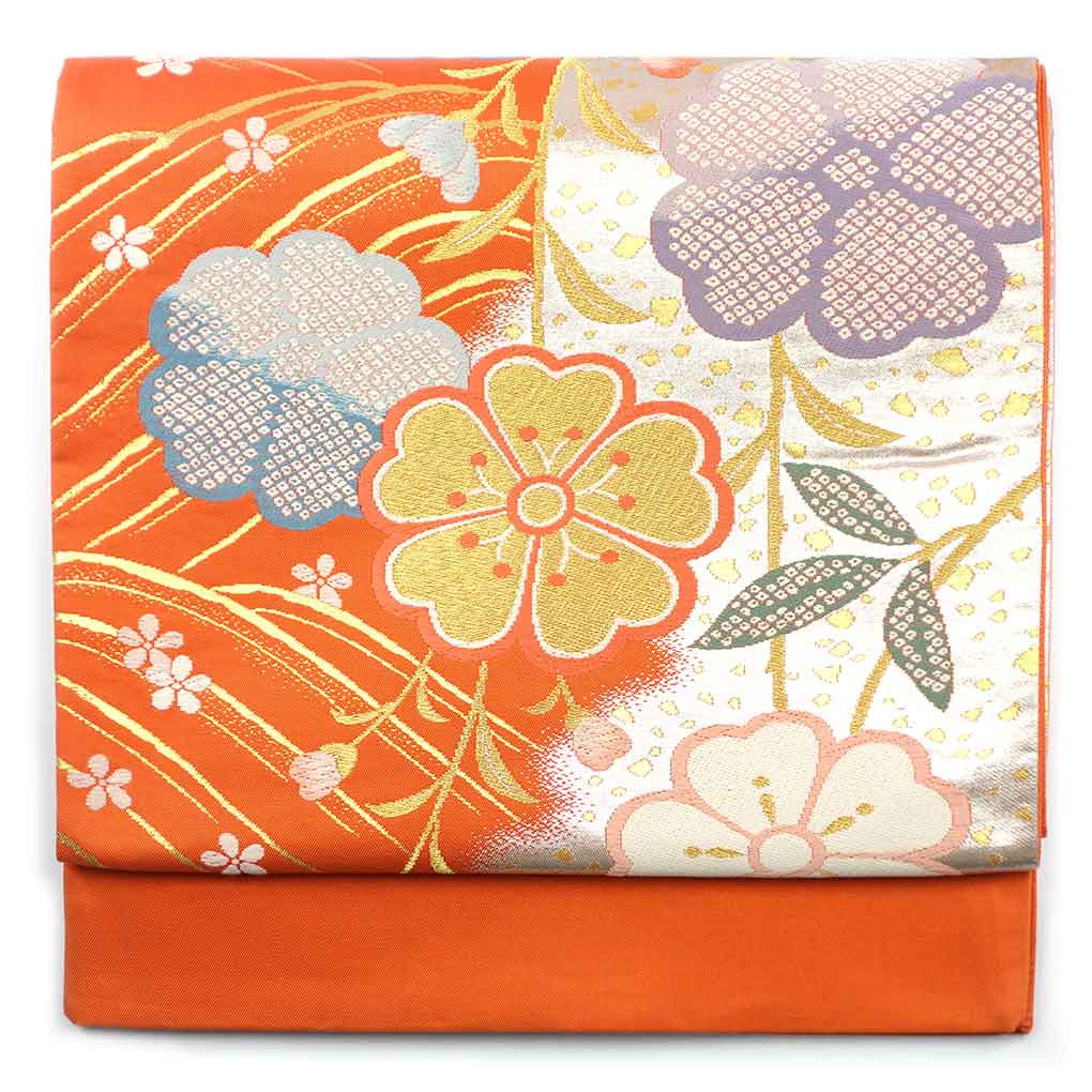 【中古】袋帯 リサイクル帯 幅31cm 長さ435cm レディース 花柄 秋冬春用 正絹（シルク）オレンジ 未使用品 服部織物 リメイク リユース