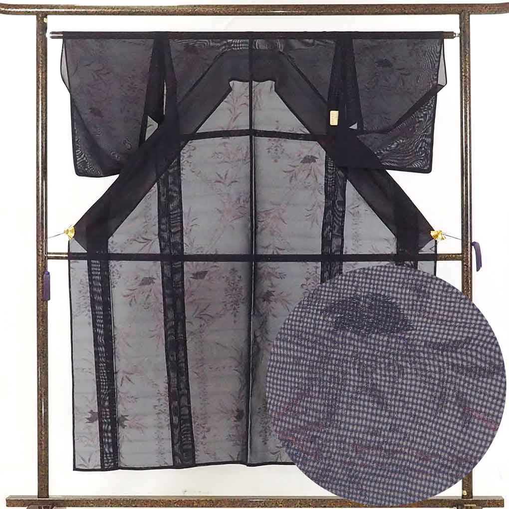 【中古】小紋 リサイクル着物 身丈151cm 裄63cm 前幅24cm 後幅30cm 袖丈52cm 袖幅32.5cm レディース 花柄 裄Mサイズ 夏用 正絹（シルク）紺地 美品 リメイク リユース｜リサイクル着物 呉服のきくや