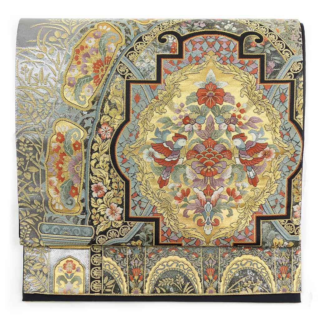 【中古】袋帯 リサイクル帯 幅30.5cm 長さ434cm レディース 花柄 秋冬春用 正絹（シルク）ゴールド 美品 リメイク リユース｜リサイクル着物 呉服のきくや