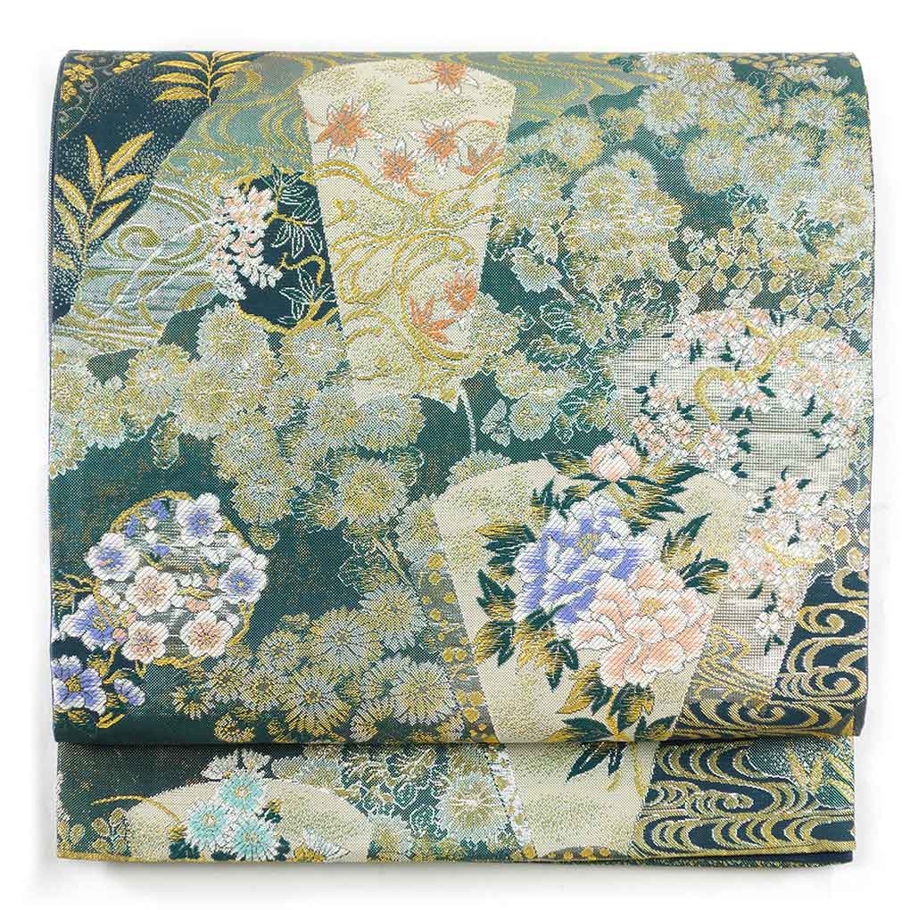【中古】袋帯 リサイクル帯 幅31cm 長さ441cm レディース 花柄 秋冬春用 正絹（シルク）グリーン 美品 リメイク リユース