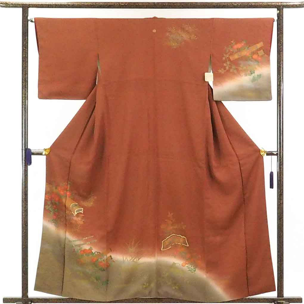 【中古】訪問着 リサイクル着物 身丈159cm 裄66cm 前幅24.5cm 後幅29.5cm 袖丈46cm 正絹（シルク） レディース 袷仕立 秋冬春用 茶色 裄Mサイズ リユース