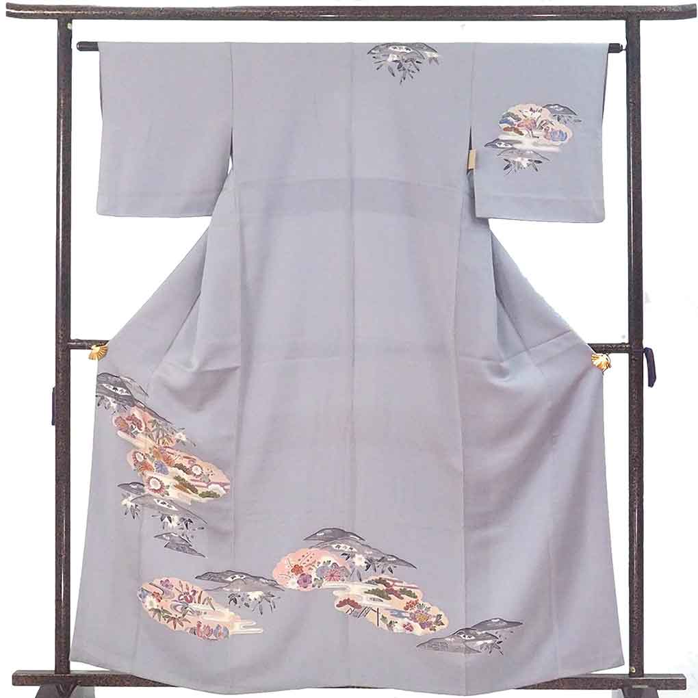 【中古】訪問着 リサイクル着物 身丈162cm 裄62cm 前幅24cm 後幅29.5cm 袖丈45cm 袖幅32.5cm レディース 袷 花柄 裄Sサイズ 秋冬春用 正絹（シルク）グレー やや難 リメイク リユース