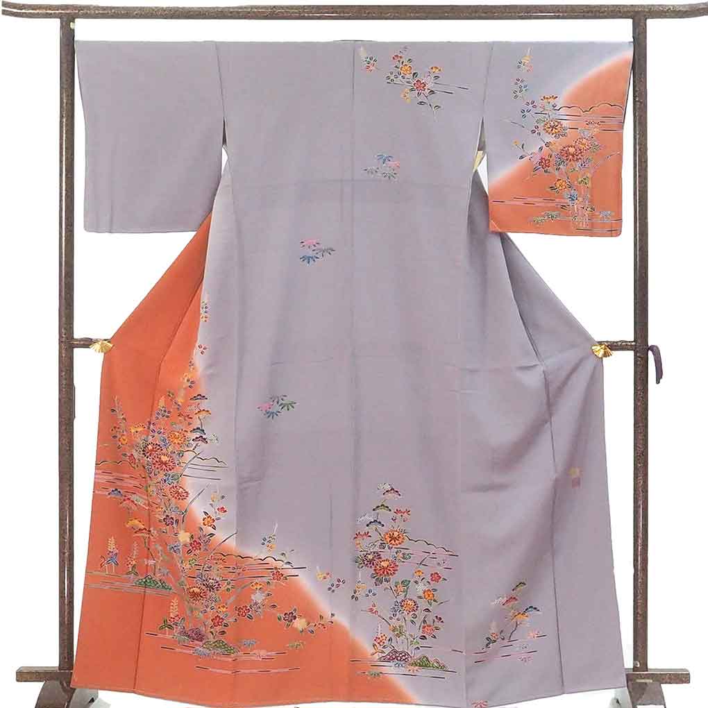 【中古】訪問着 リサイクル着物 身丈166cm 裄68cm 前幅24cm 後幅30cm 袖丈49cm 袖幅34cm レディース 袷 花柄 裄長 裄Lサイズ 秋冬春用 正絹（シルク）グレー トールサイズ 未使用品 作家もの リメイク リユース