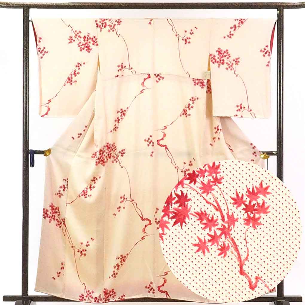 【中古】小紋 リサイクル着物 身丈160cm 裄66cm 前幅23cm 後幅30cm 袖丈56cm 正絹（シルク） レディース 袷仕立 秋冬春用 白地 裄Mサイズ 美品 リユース｜リサイクル着物 呉服のきくや