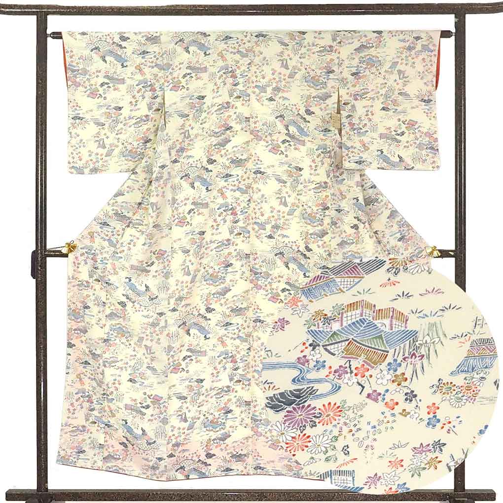 【中古】小紋 リサイクル着物 身丈154cm 裄63cm 前幅23cm 後幅29.5cm 袖丈48cm 正絹（シルク） レディース 袷仕立 秋冬春用 白地 裄Mサイズ リユース