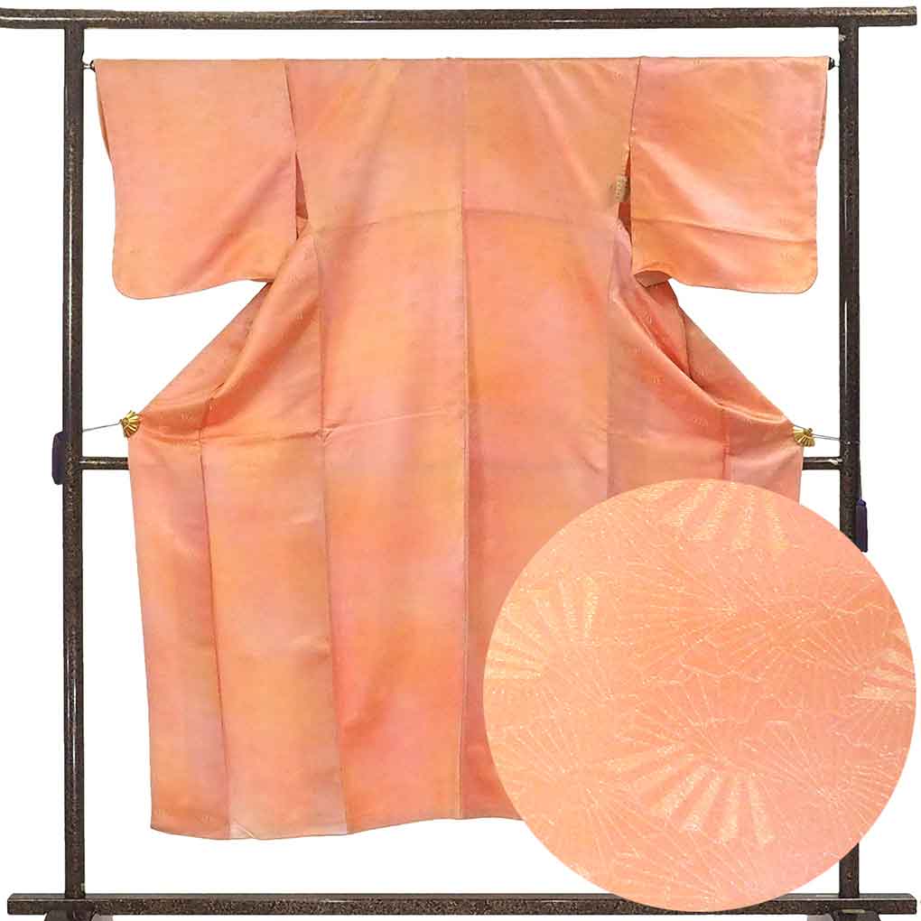【中古】色無地 リサイクル着物 身丈149cm 裄68cm 前幅22cm 後幅28cm 袖丈47cm 袖幅34cm レディース 袷 扇面 裄長 裄Lサイズ 秋冬春用 正絹（シルク）オレンジ地 やや難 リメイク リユース