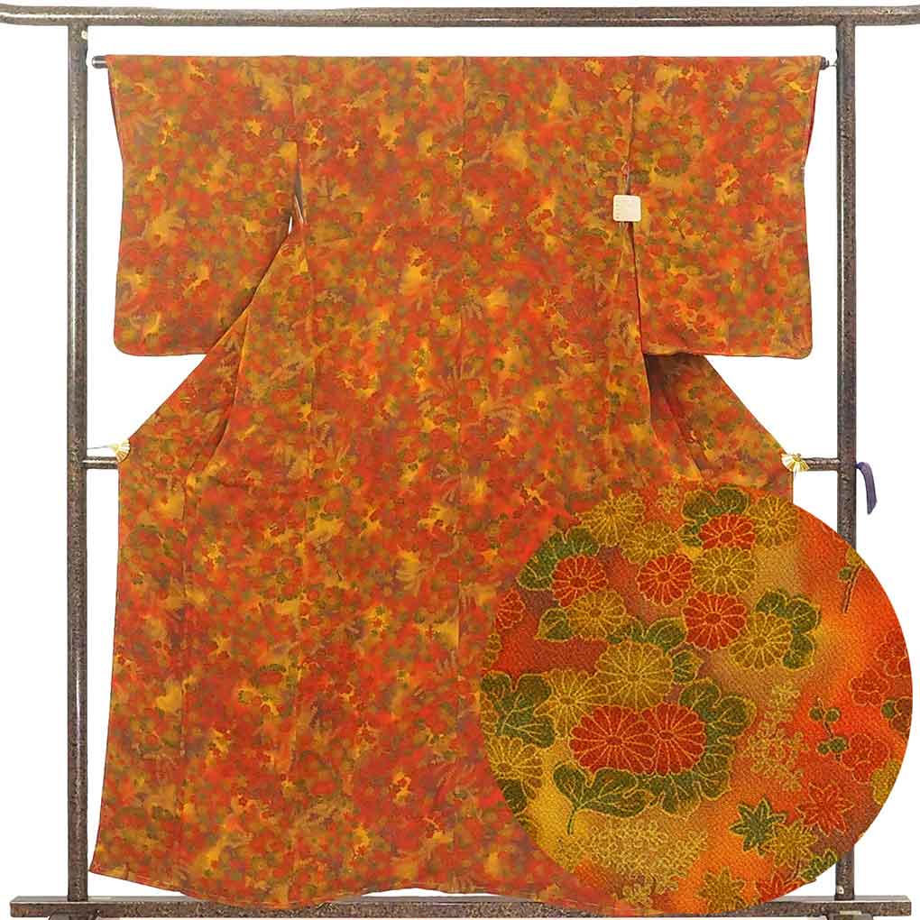 【中古】小紋 リサイクル着物 身丈158cm 裄65cm 前幅22.5cm 後幅30.5cm 袖丈56cm 袖幅33.5cm レディース 袷 四季の花柄 裄Mサイズ 秋冬春用 正絹（シルク）茶色 未使用品 リメイク リユース