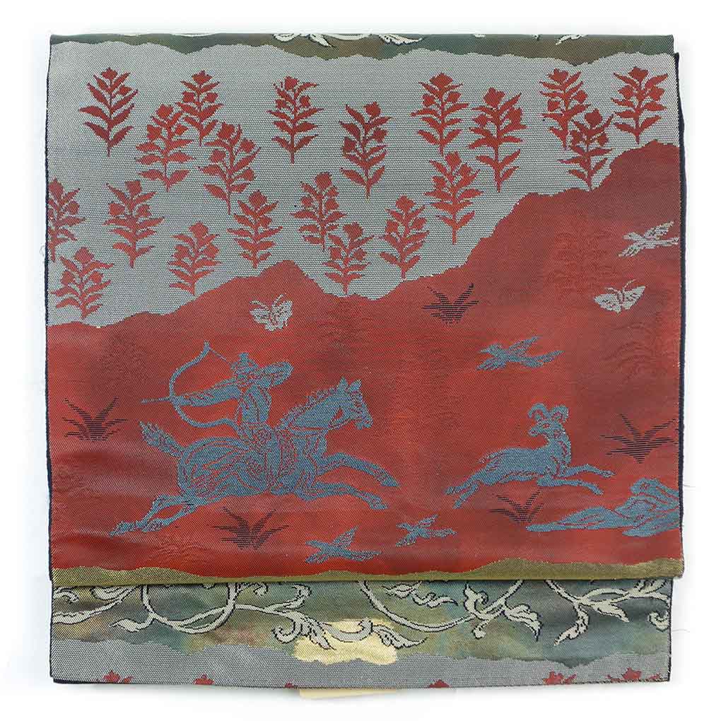 【中古】袋帯 リサイクル帯 幅30cm 長さ424cm レディース 狩人 秋冬春用 正絹（シルク）レッド 美品 リメイク リユース 7,821円