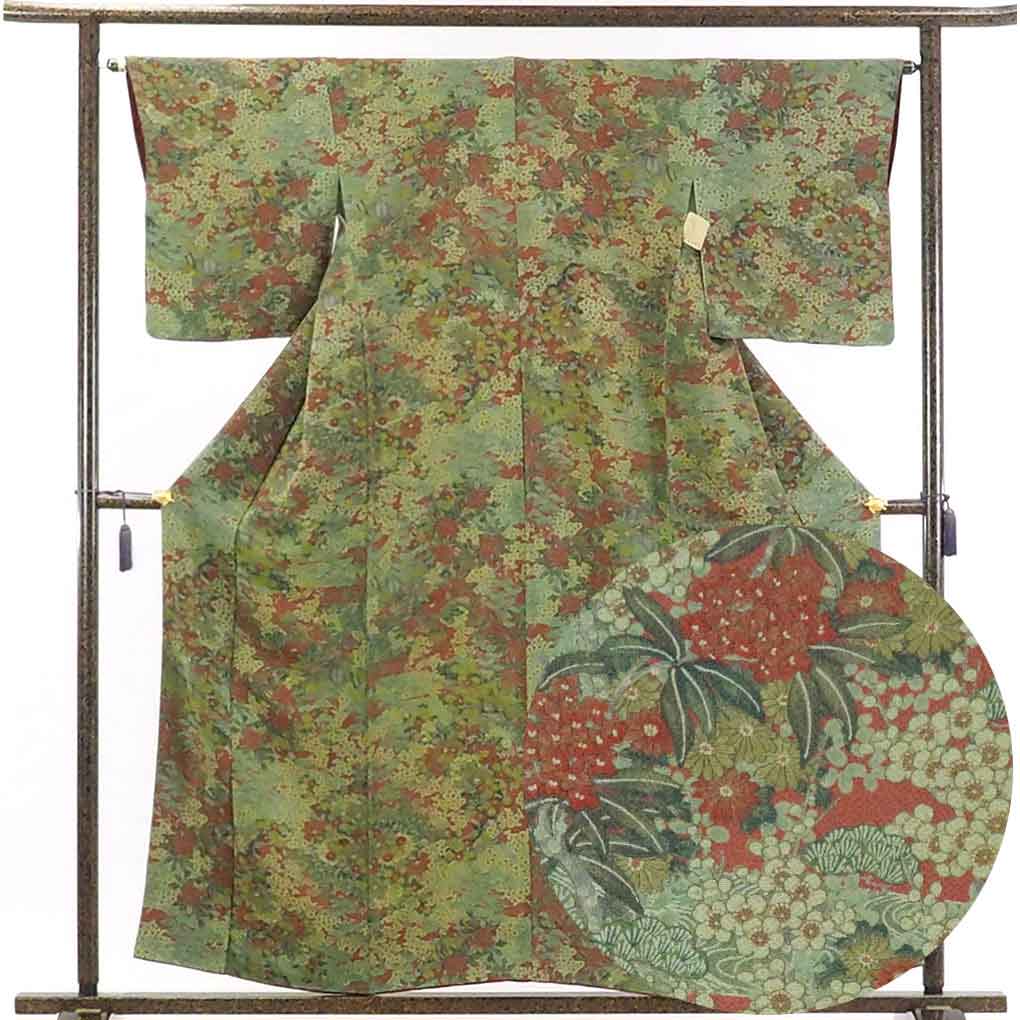 【中古】小紋 リサイクル着物 身丈160cm 裄64cm 前幅24.5cm 後幅28.5cm 袖丈49cm 正絹(シルク) レディース 袷仕立 秋冬春用 緑地 裄Mサイズ トールサイズ 美品 リユース