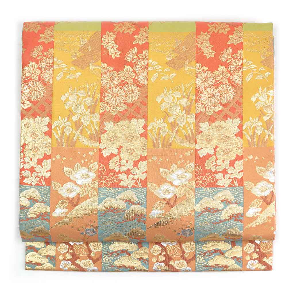 【中古】名古屋帯 リサイクル着物 幅30cm 長さ367cm レディース 花柄 秋冬春用 正絹（シルク）茶色 美品 リメイク リユース