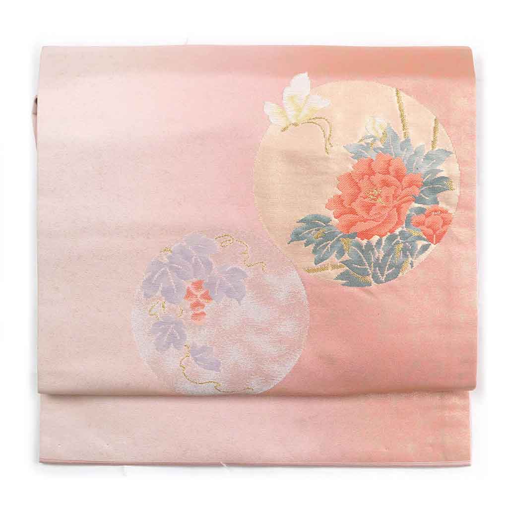 【中古】名古屋帯 リサイクル着物 幅30.5cm 長さ360cm レディース 花柄 秋冬春用 正絹（シルク）ピンク地 未使用品 リメイク リユース