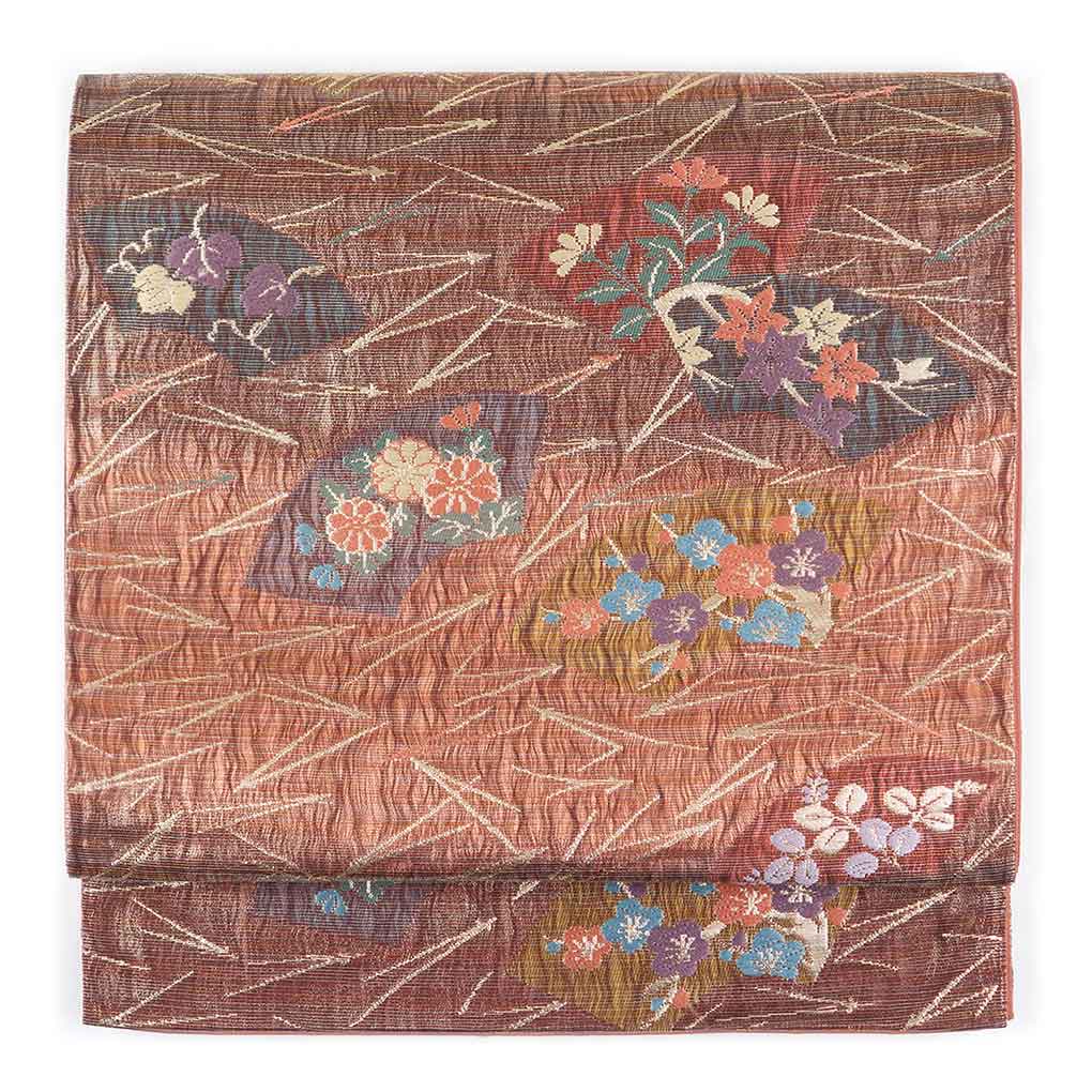 【中古】袋帯 リサイクル帯 幅30.5cm 長さ422cm レディース 扇面 秋冬春用 正絹（シルク）ブラウン 美品 リメイク リユース