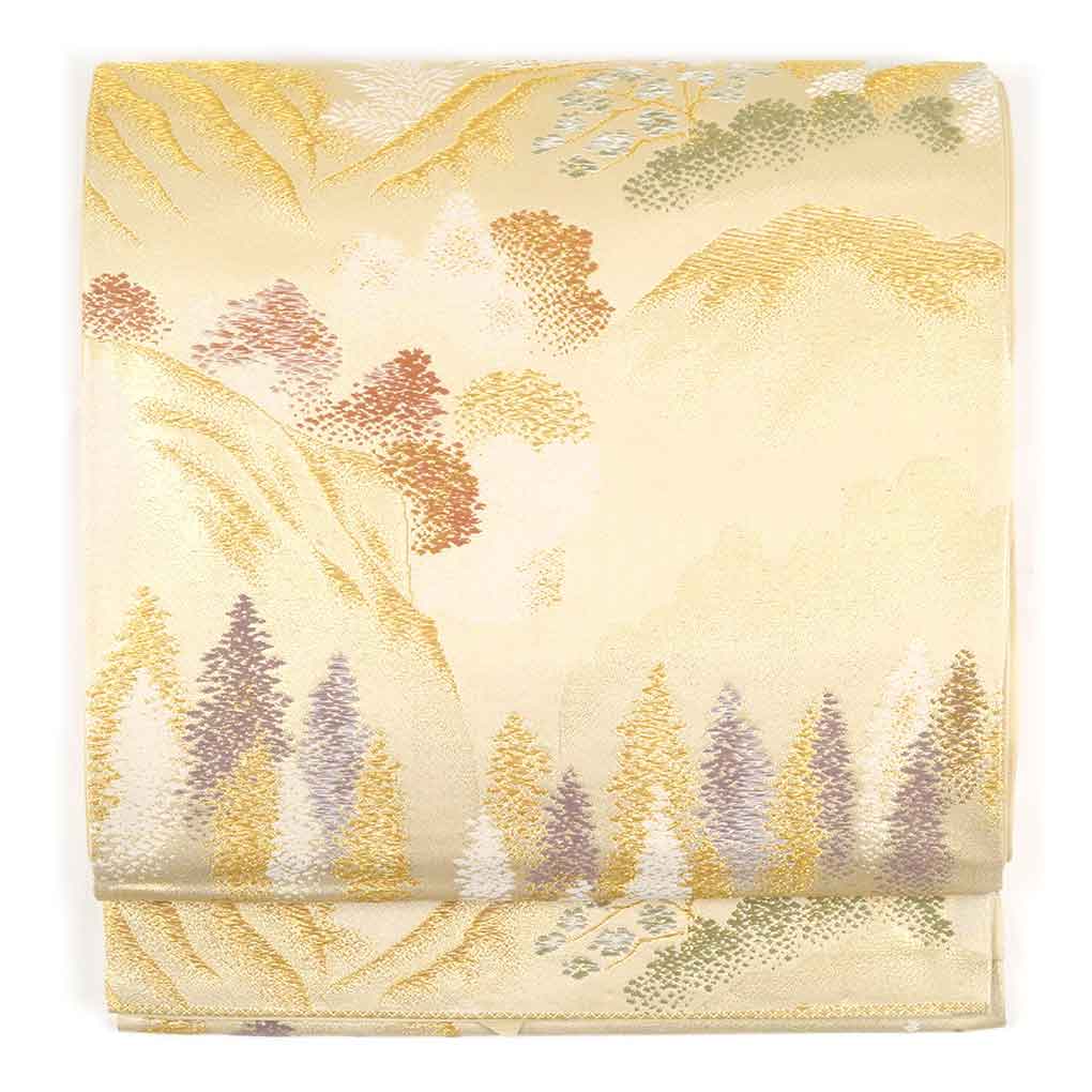 【中古】袋帯 リサイクル帯 幅30cm 長さ427cm レディース 風景画 秋冬春用 正絹（シルク）ゴールド 未使用品 リメイク リユース