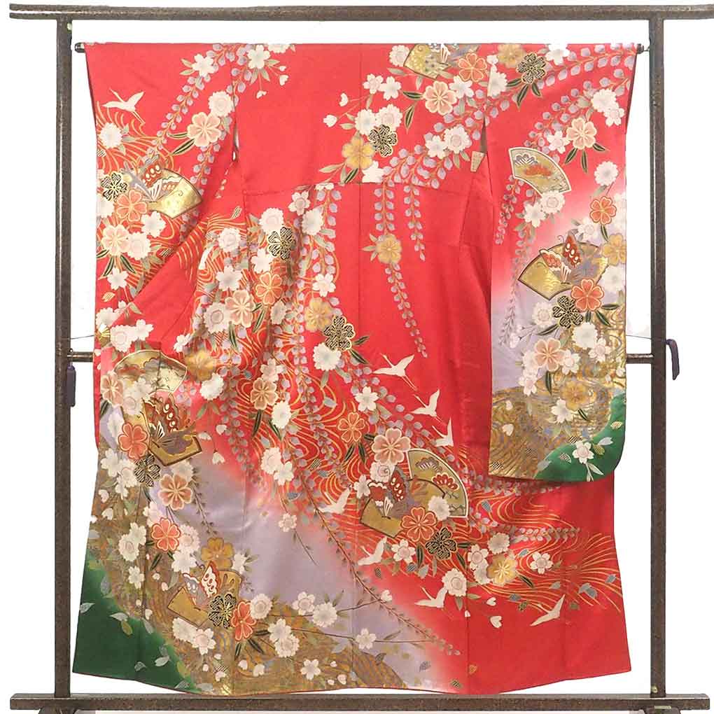 【中古】振袖 リサイクル着物 身丈157cm 裄丈65cm 前幅24cm 後幅28.5cm 袖丈104cm 袖幅33.5cm レディース 袷 花柄 裄Mサイズ 秋冬春用 正絹（シルク）レッド 美品 リメイク リユース｜リサイクル着物 呉服のきくや