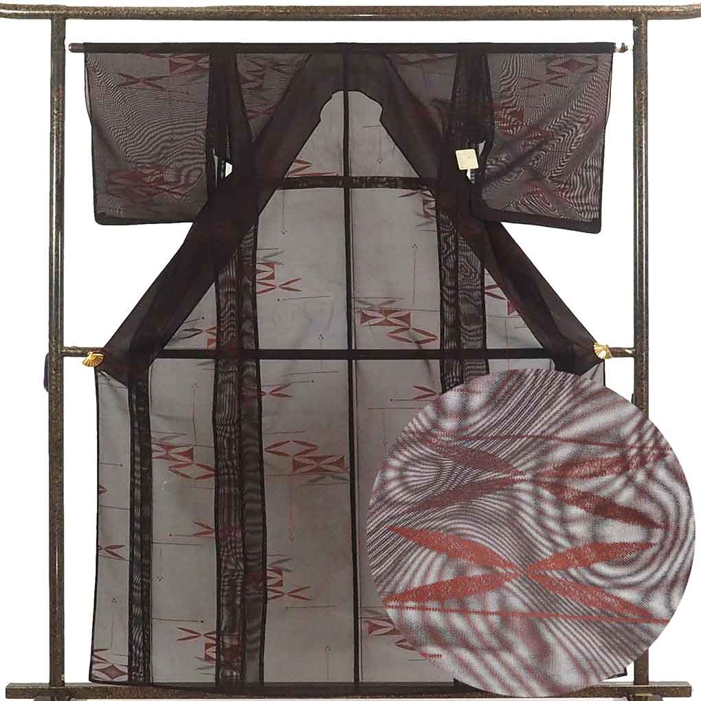 【中古】小紋 リサイクル着物 身丈162cm 裄丈64cm 前幅23cm 後幅28.5cm 袖丈47cm 袖幅33.5cm レディース 抽象柄 裄Mサイズ 夏用 正絹（シルク）ブラック 美品 リメイク リユース｜リサイクル着物 呉服のきくや