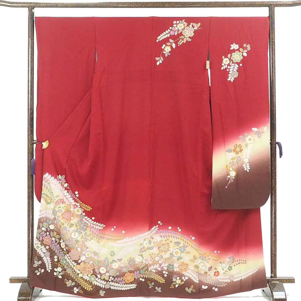 【中古】振袖 リサイクル着物 身丈168cm 裄68cm 前幅25cm 後幅30.5cm 袖丈114cm 袖幅34cm レディース 袷 辻ヶ花 裄長 裄Lサイズ 秋冬春用 正絹（シルク）レッド トールサイズ 美品 リメイク リユース