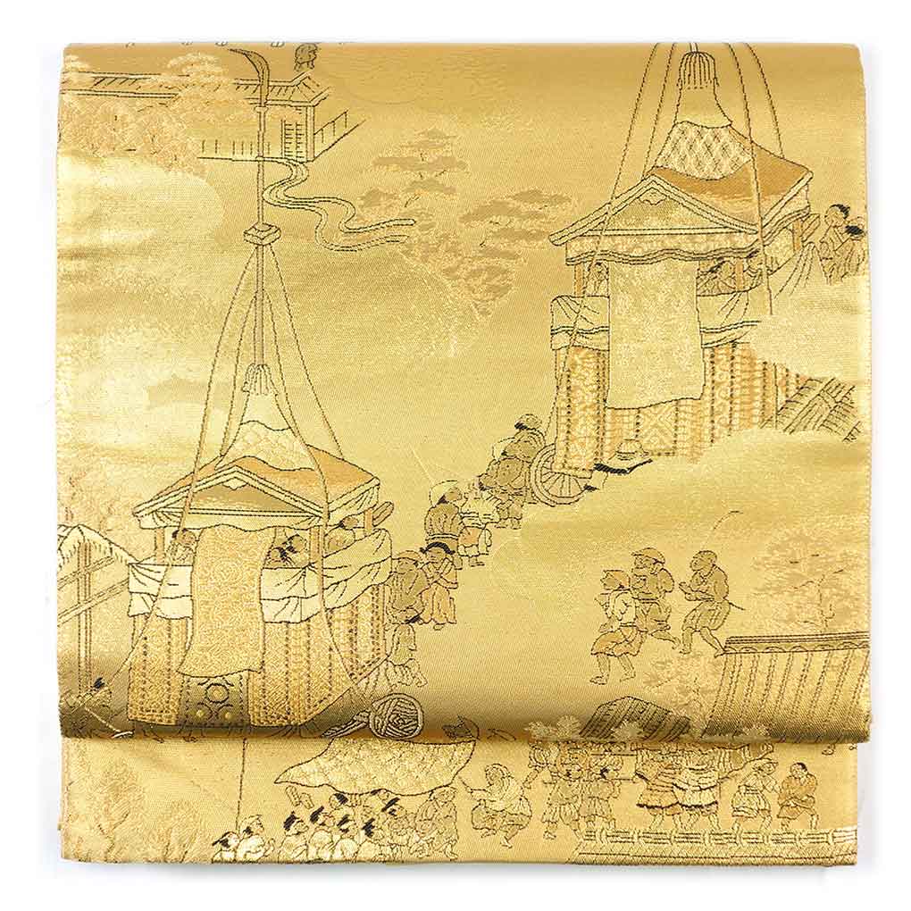 【中古】袋帯 リサイクル帯 幅30.5cm 長さ438cm レディース 祇園祭 秋冬春用 正絹（シルク）ゴールド 美品 リメイク リユース