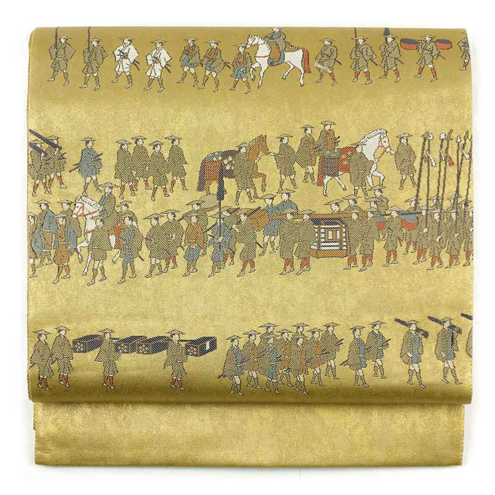 【中古】袋帯 リサイクル帯 幅31cm 長さ431cm レディース 大名行列 秋冬春用 正絹（シルク）ゴールド 美品 リメイク リユース