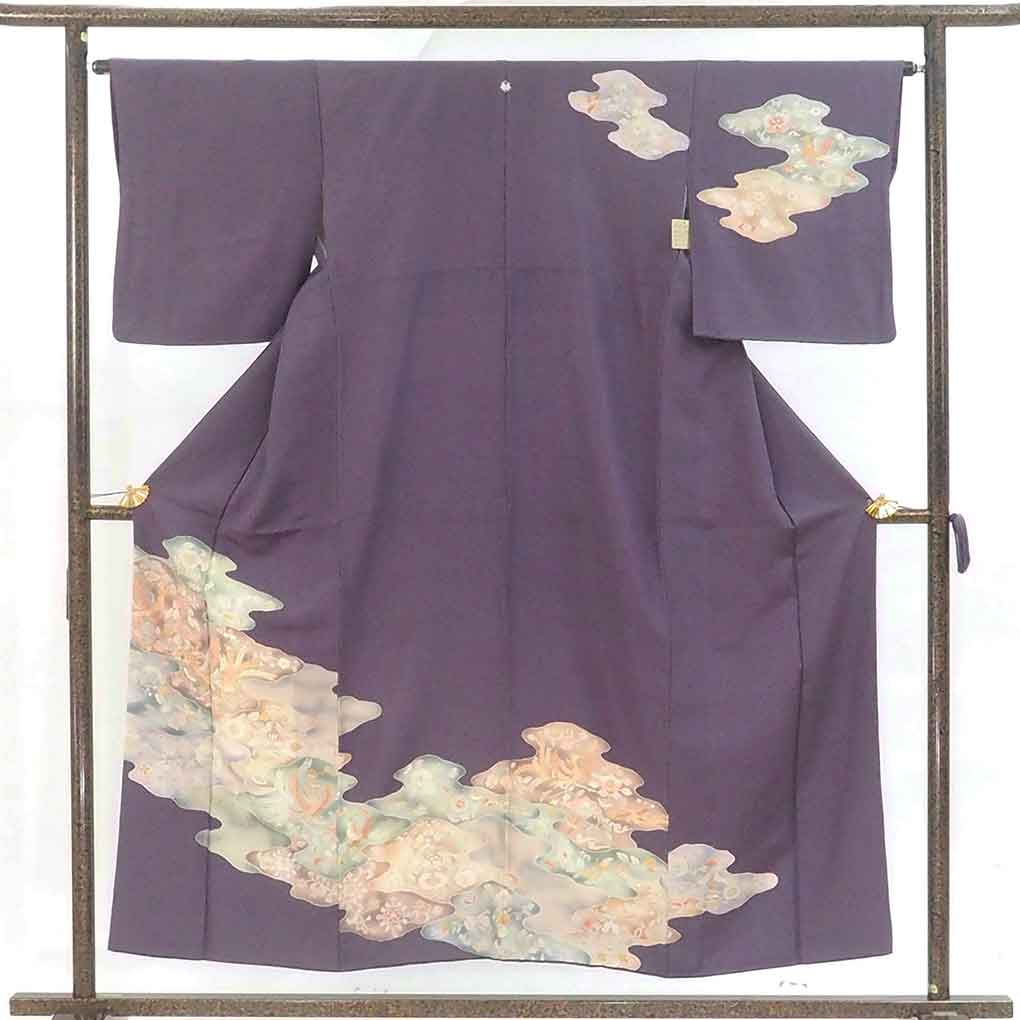 【中古】訪問着 リサイクル着物 身丈156cm 裄64cm 前幅23cm 後幅29.5cm 袖丈48cm 袖幅33cm レディース 袷 花柄 裄Mサイズ 秋冬春用 正絹(シルク)パープル 美品 リメイク リユース|リサイクル着物 呉服のきくや