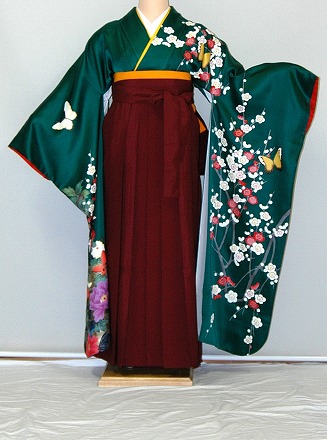 【レンタル】振袖、袴(はかま)レンタル【青・青紫・緑系】【HF918】ワイドサイズ ゆったり 大きい 幅広 2L 3L 13号 15号 17号 19号 袴レンタル 冬春キャンペーン