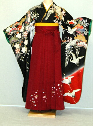 【レンタル】振袖、袴（刺繍はかま）レンタル【黒・茶・グレー系】【HF714】標準/Ｌ寸/7号/9号/11号/13号/冬春キャンペーン