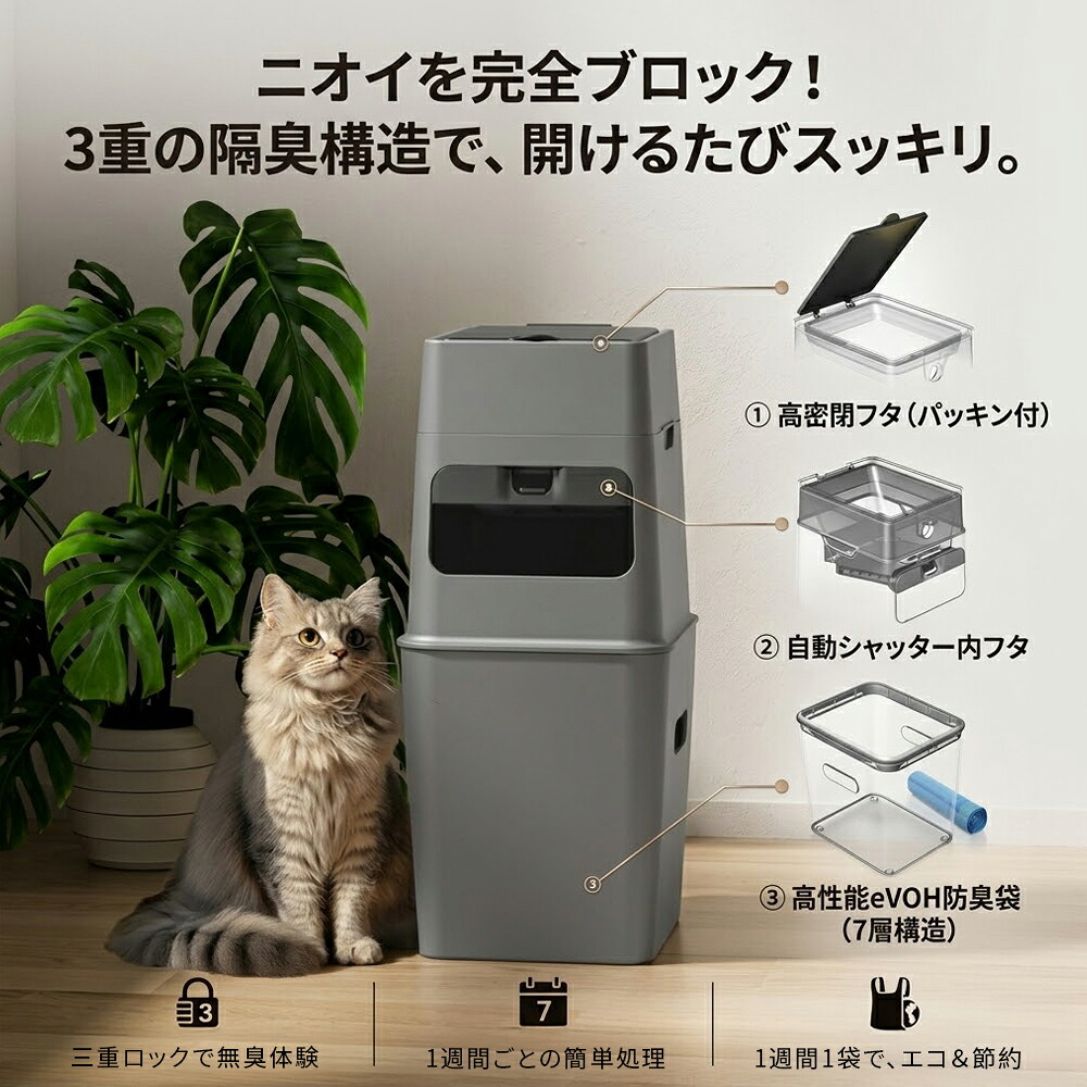 猫砂 ゴミ箱 臭わない ふた付き ダストボックス ペット ごみ箱 密閉 猫 トイレ ニオイ対策 リビング おしゃれ スリム 省スペース 3重防臭 抗菌袋 おむつペール ペットシーツ 処理ポット 犬猫兼用