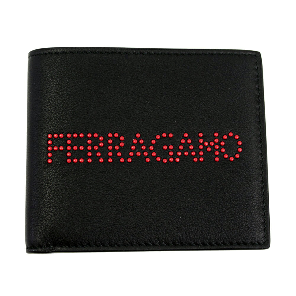 フェラガモ 札入れ なめし革 黒いこと 66A376 FERRAGAMO 二つ折り金入れ メンズ マイクロスタッズ ロゴタイプ 66A376 0704567 日本未入荷 メンズ財布-財布・ケース