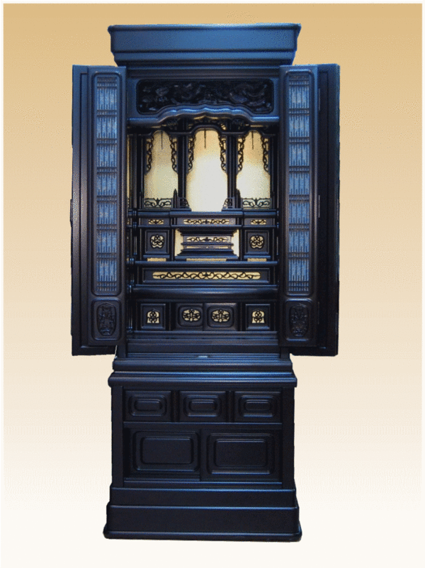 仏壇 【仏具付】唐木仏壇 黒壇調 黒欄 16号 【全宗派対応】|仏壇 仏具 数珠 線香 ゴクラク堂