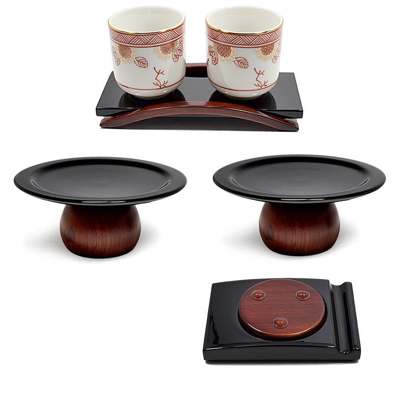 【仏具セット】 黒塗紫檀柄セット（天然木）4点セット【りん台・高月（一対）・仏器膳】現代仏具 モダン仏具 輪台 りん台 高月 高杯 供台 りん置き 湯呑み台 ご飯入れ台 ミニ仏具 ミニ おしゃれ｜ごくらくや